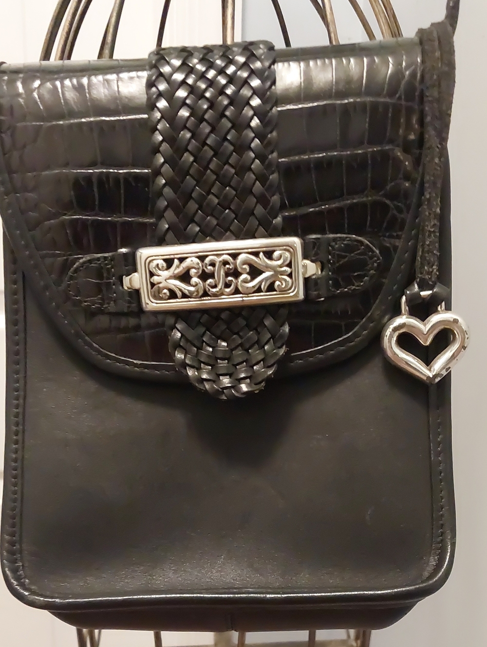 Black Woven Accent Crossbody Bag with Silver Heart Charm